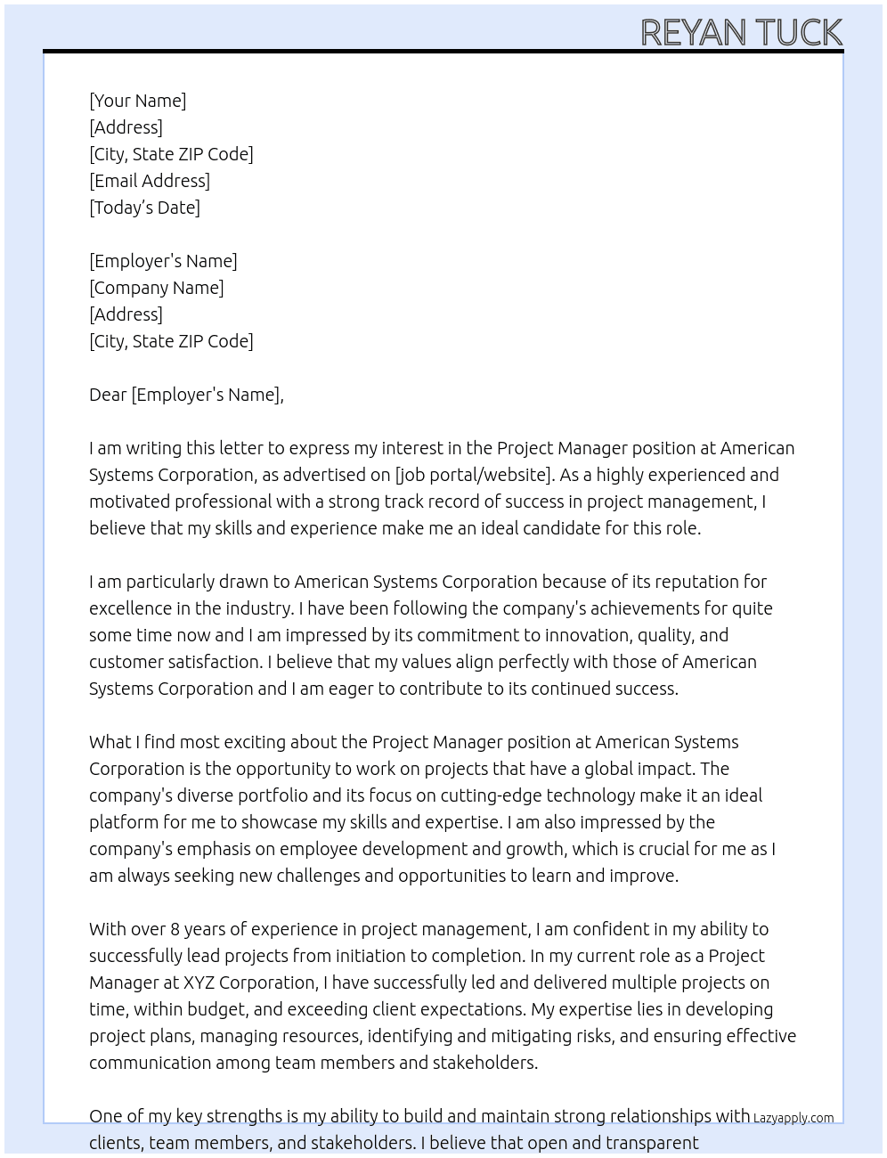 Project Manager At American Systems Corporation Cover Letter