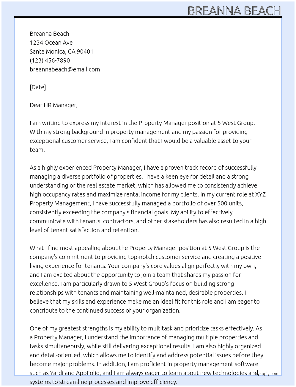 Property Manager At 5 West Group Cover Letter
