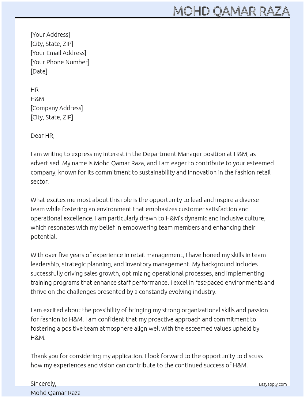 Cover letter for department manager - LazyApply