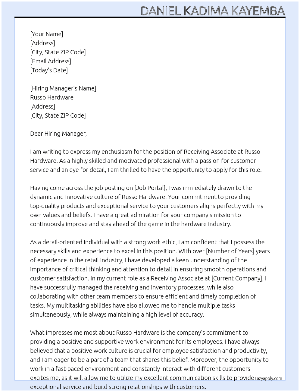 Receiving Associate At Russo Hardware Cover Letter