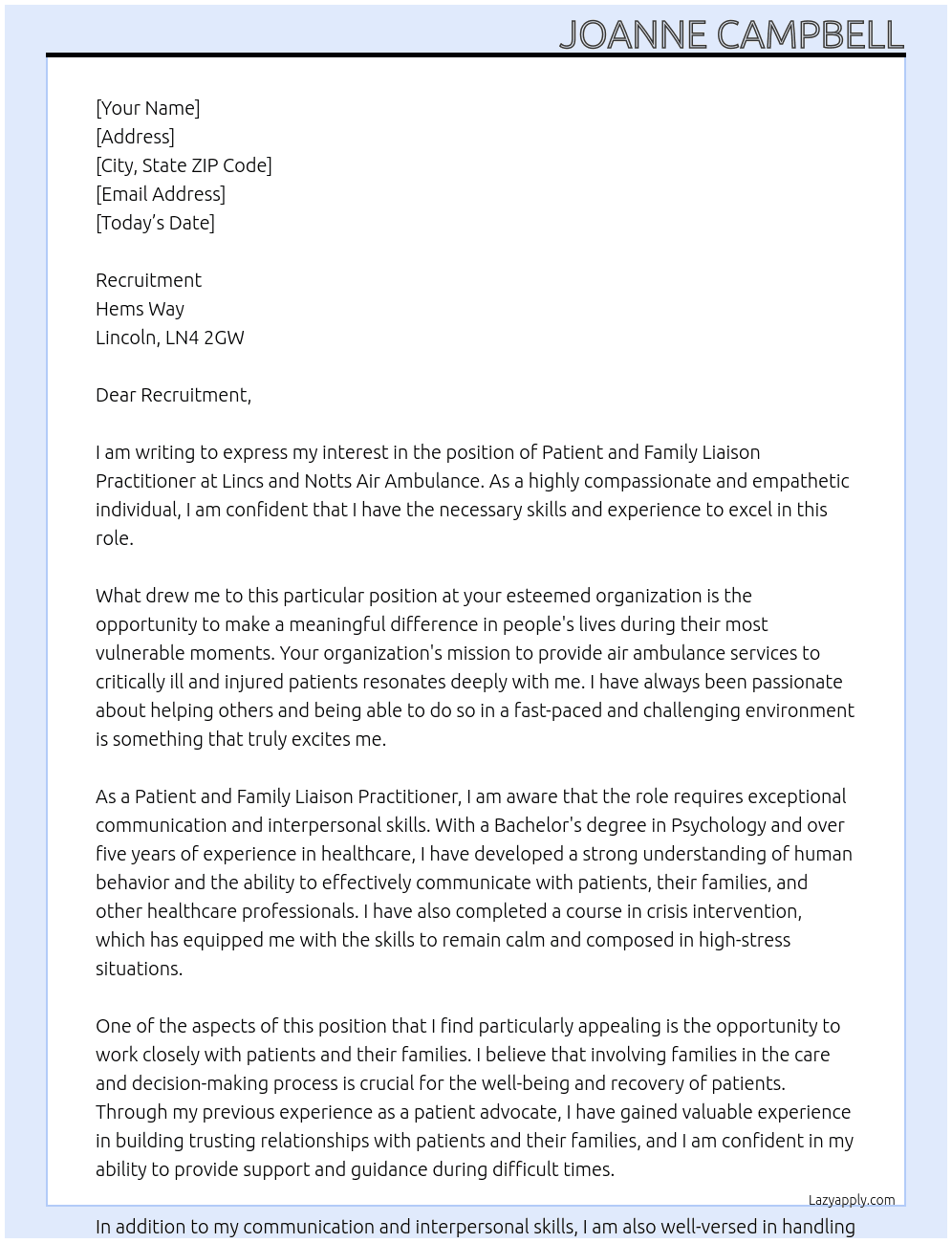 Patient and Family Liaison Practitioner  At Lincs and Notts Air Ambulance  Cover Letter
