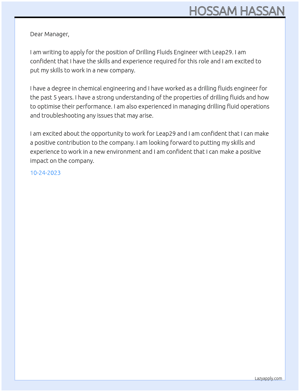 Drilling fluids engineer At Leap29 Cover Letter