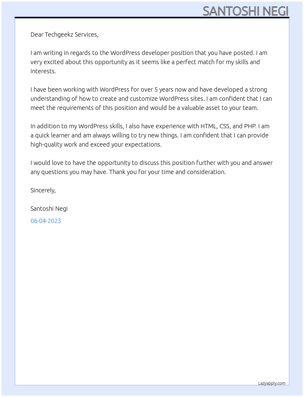 wordpress developer At Techgeekz Services Cover Letter