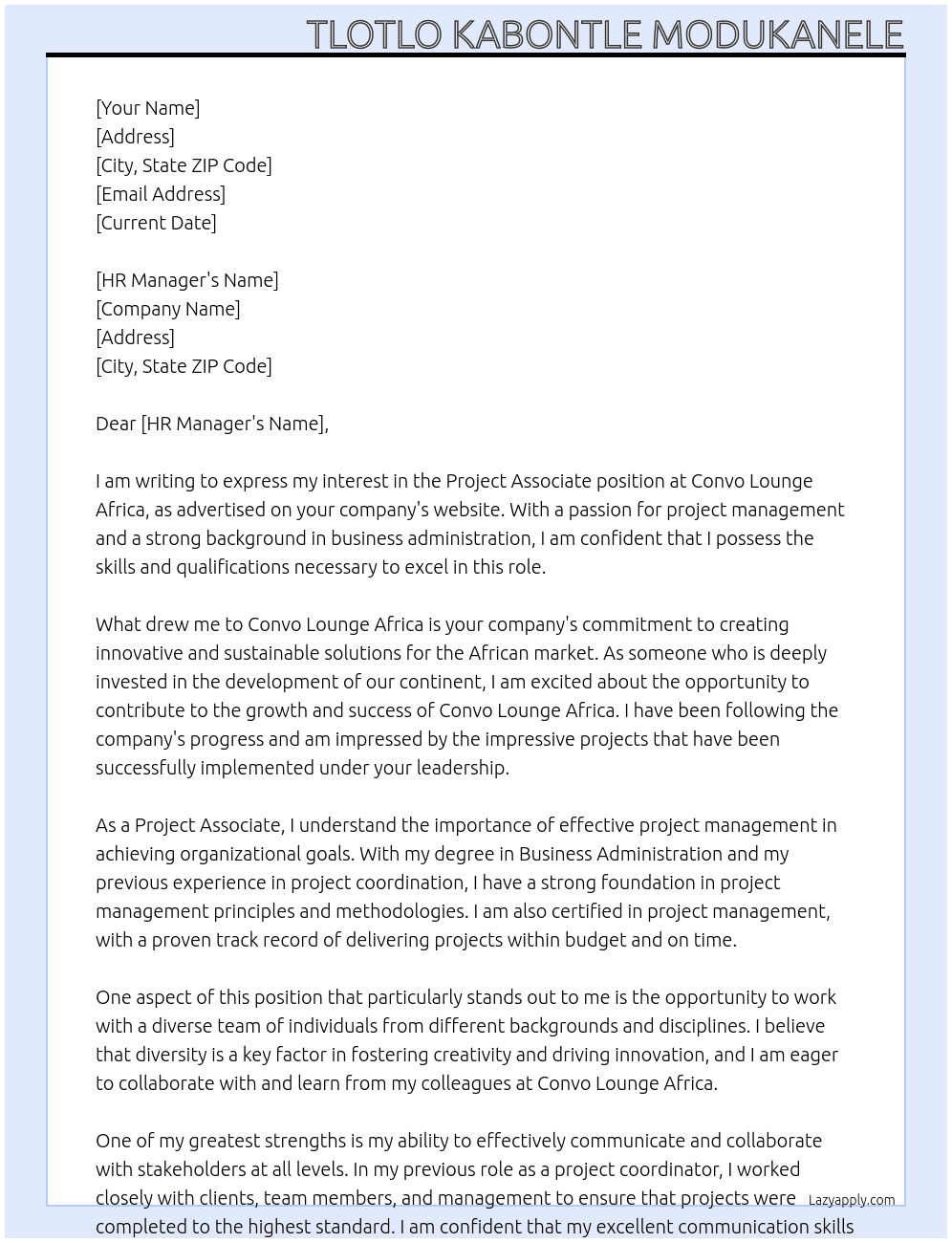 Project Associate  At Convo Lounge Africa Cover Letter