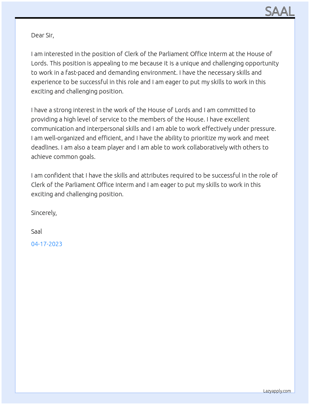 Clerk of the parliaments office interm At House of Lords Cover Letter