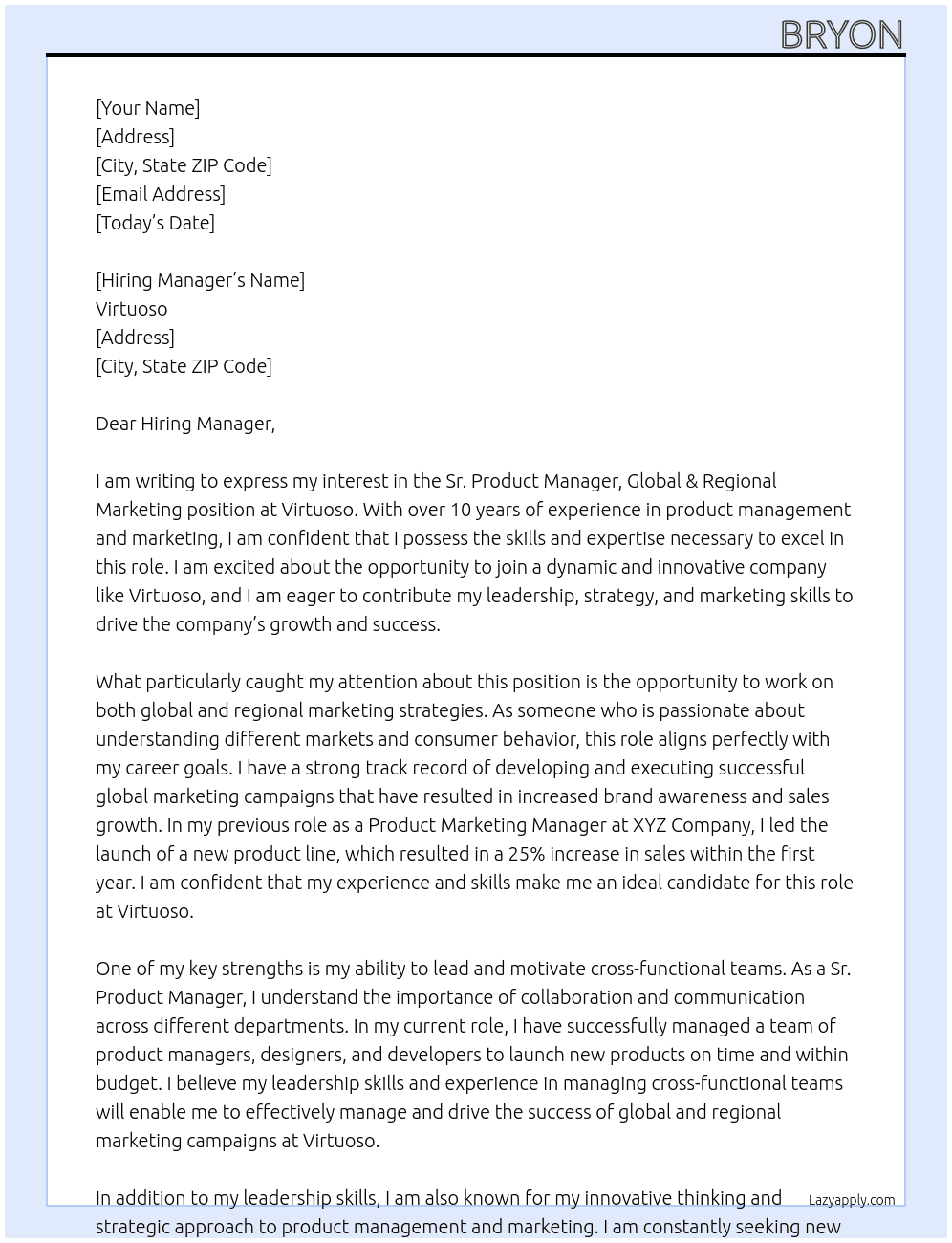 Sr. Product Manager, Global & Regional Marketing At Virtuoso Cover Letter