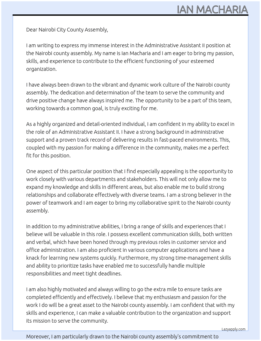 Administrative Assistant II At Nairobi county assembly Cover Letter