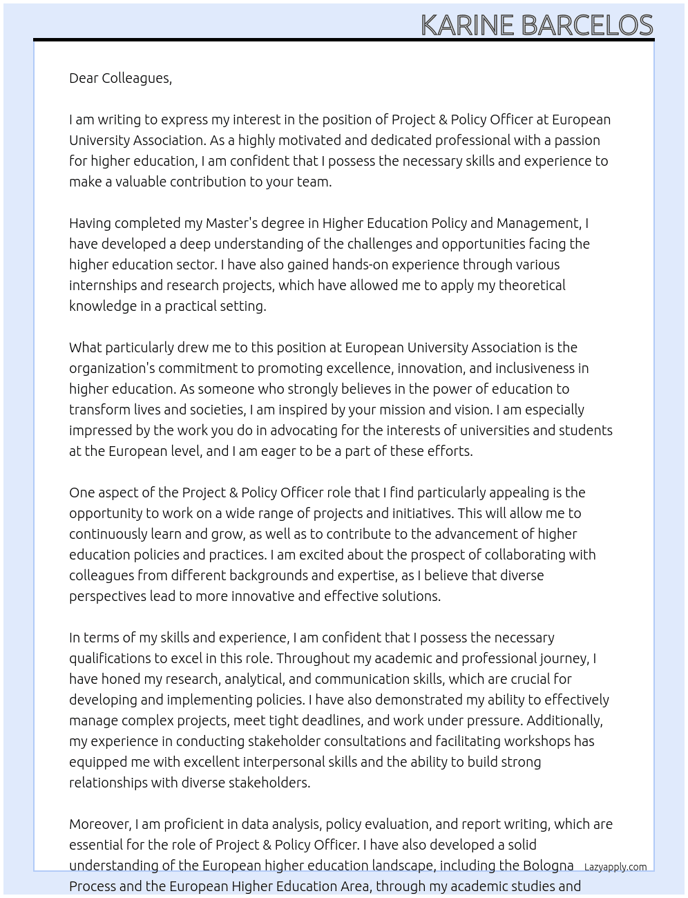 Project & Policy Officer  At European University Association Cover Letter