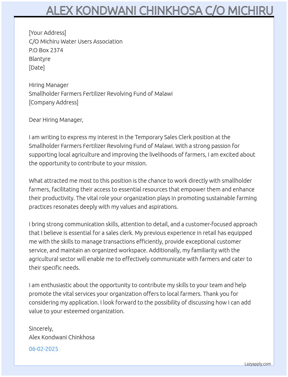 Temporary sales clerk  At Smallholder farmers  fertilizer revolving fund of malawi  Cover Letter