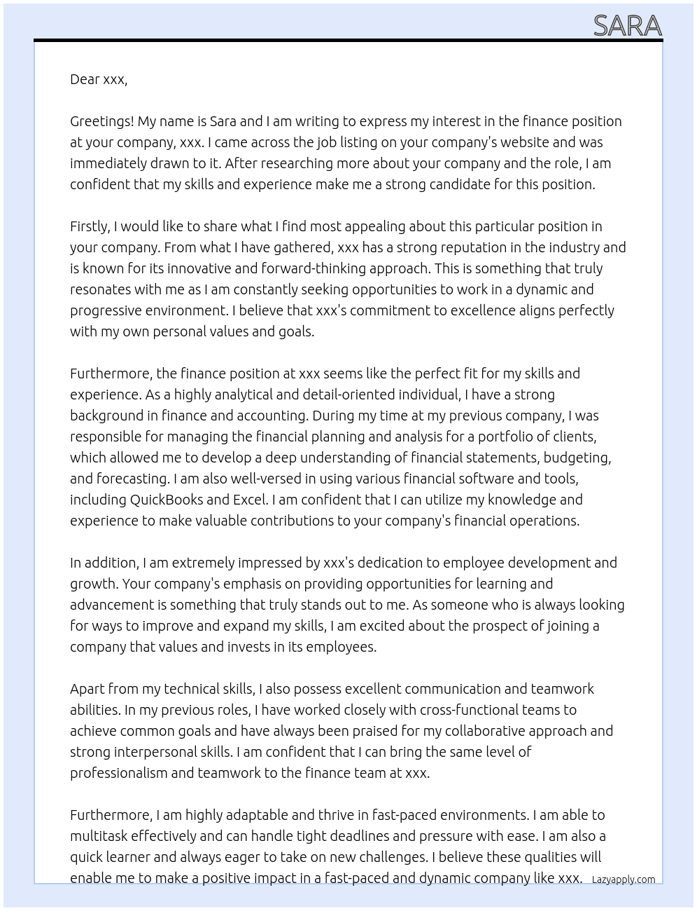 finance At xxx Cover Letter