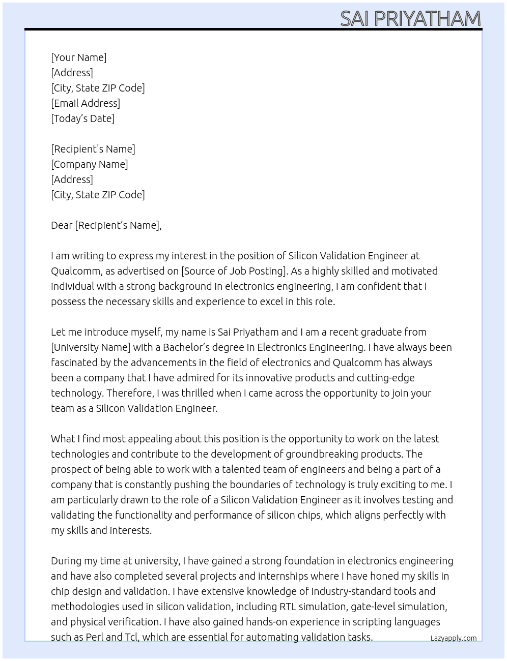SILICON VALIDATION ENGINEER At QUALCOMM Cover Letter