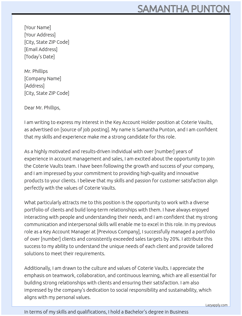 key account holder At Coterie Vaults Cover Letter