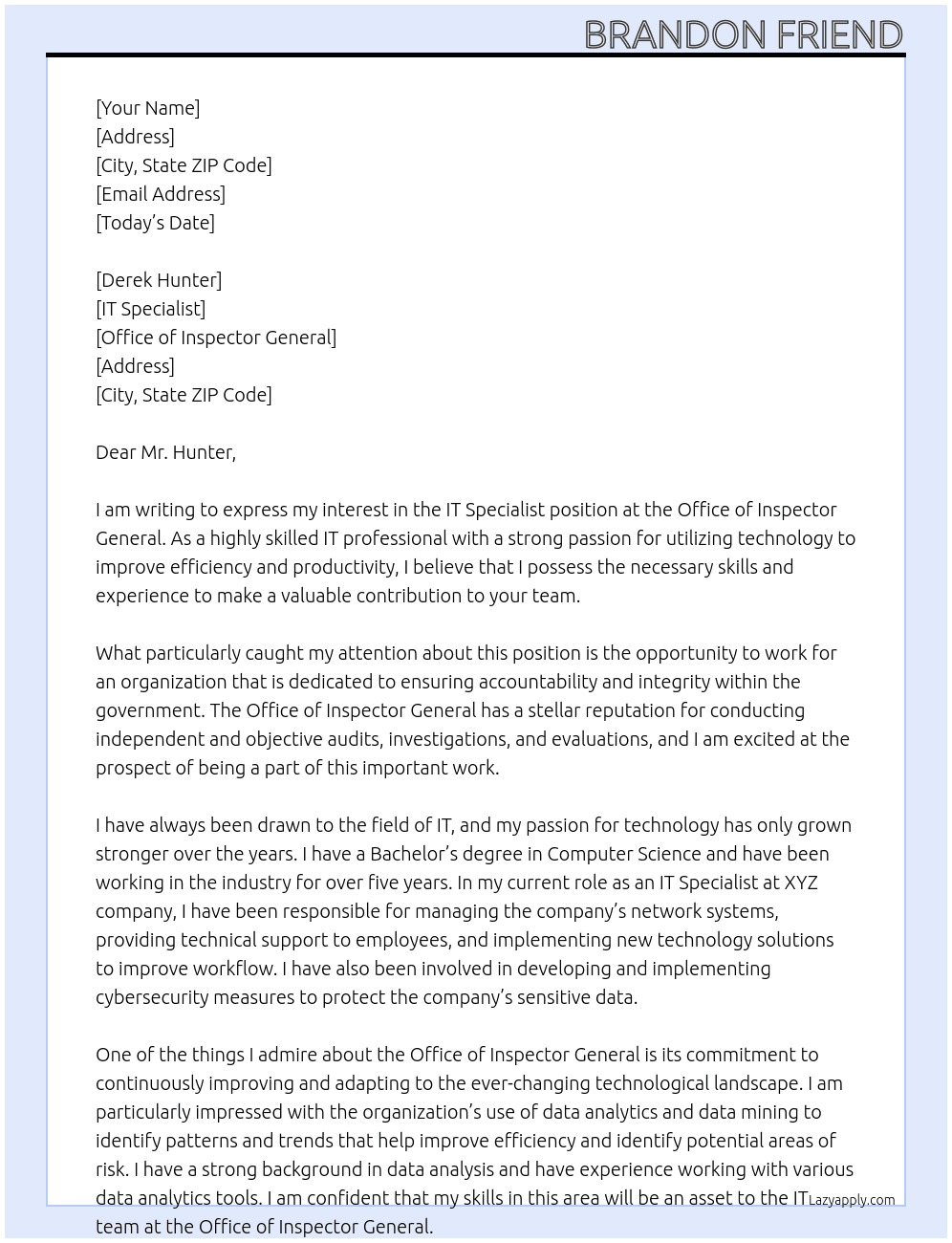 IT Specialist  At Office of inspector general  Cover Letter