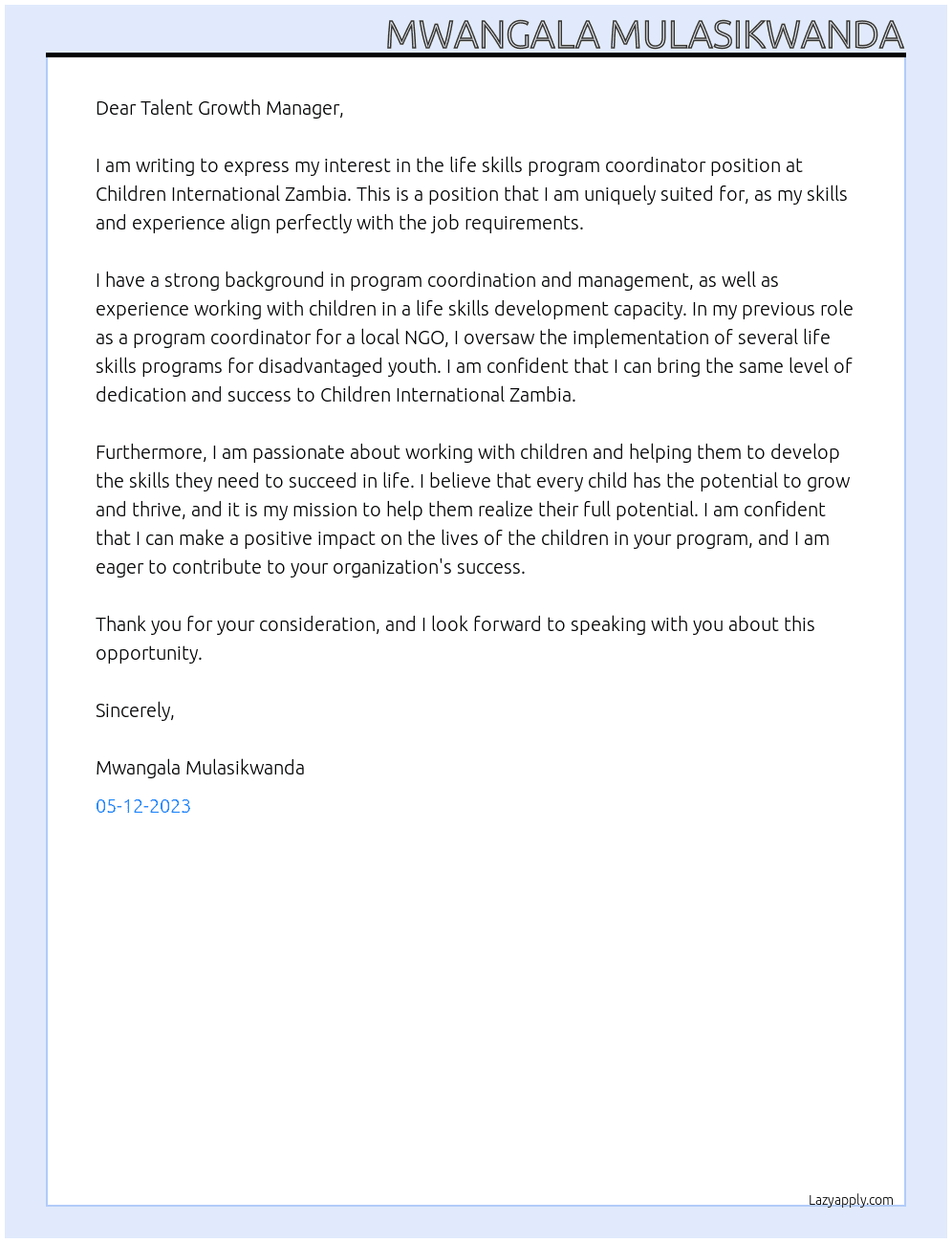life skills program coordinator At Children International Zambia Cover Letter