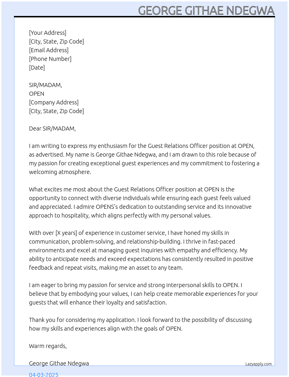 GUEST RELATIONS OFFICER At OPEN Cover Letter
