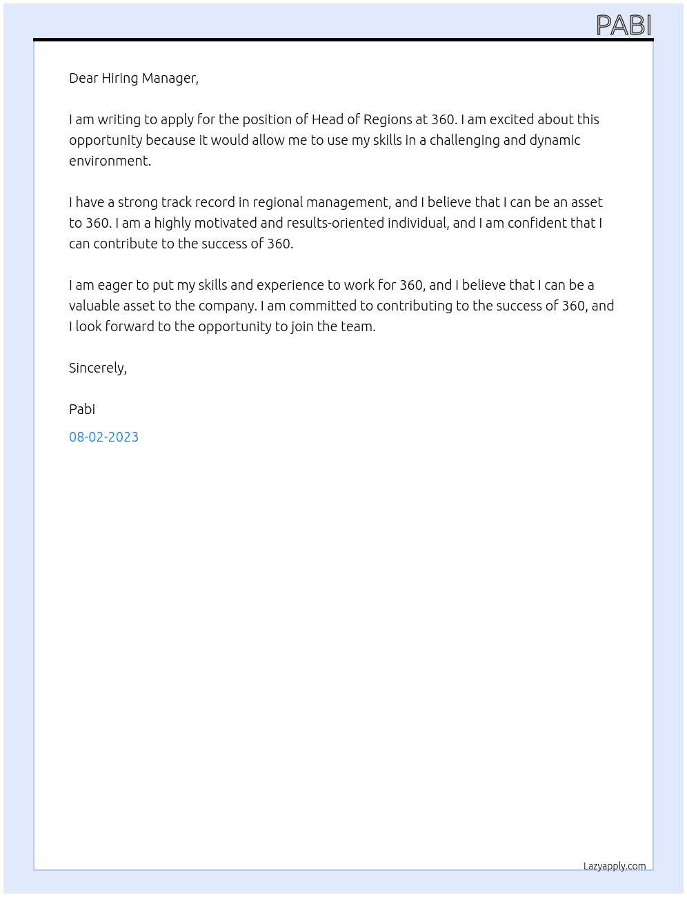 Head of Regions At 360 Cover Letter