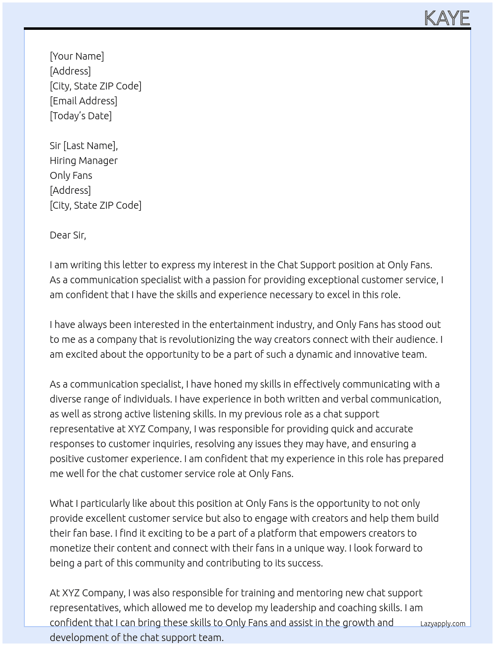 chat support At Only Fans Cover Letter