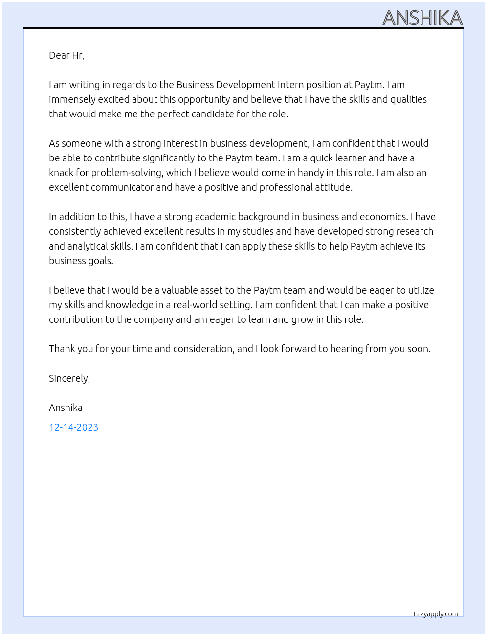 Business development intern At paytm Cover Letter