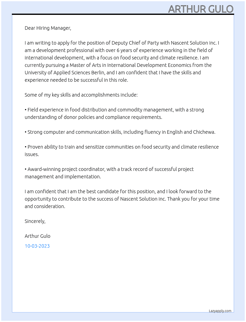 Deputy Chief of Party At Nascent Solution inc. Cover Letter