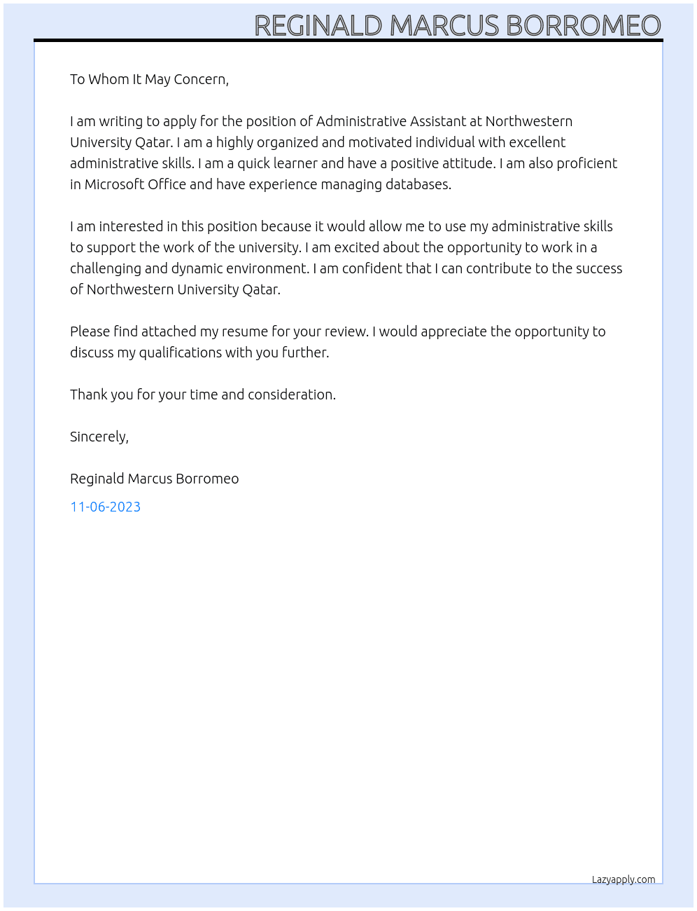 Administrative Assistant At Northwestern University Qatar Cover Letter