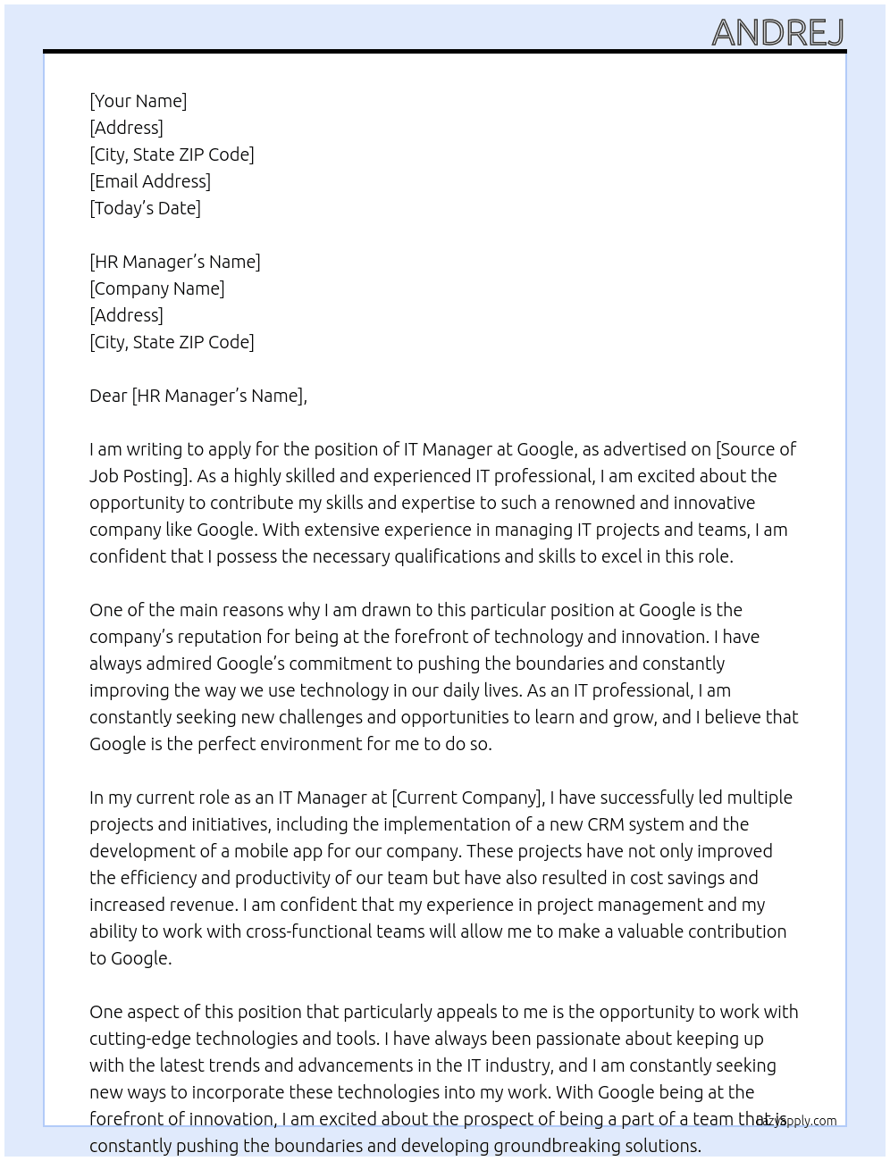IT Manager At Google Cover Letter
