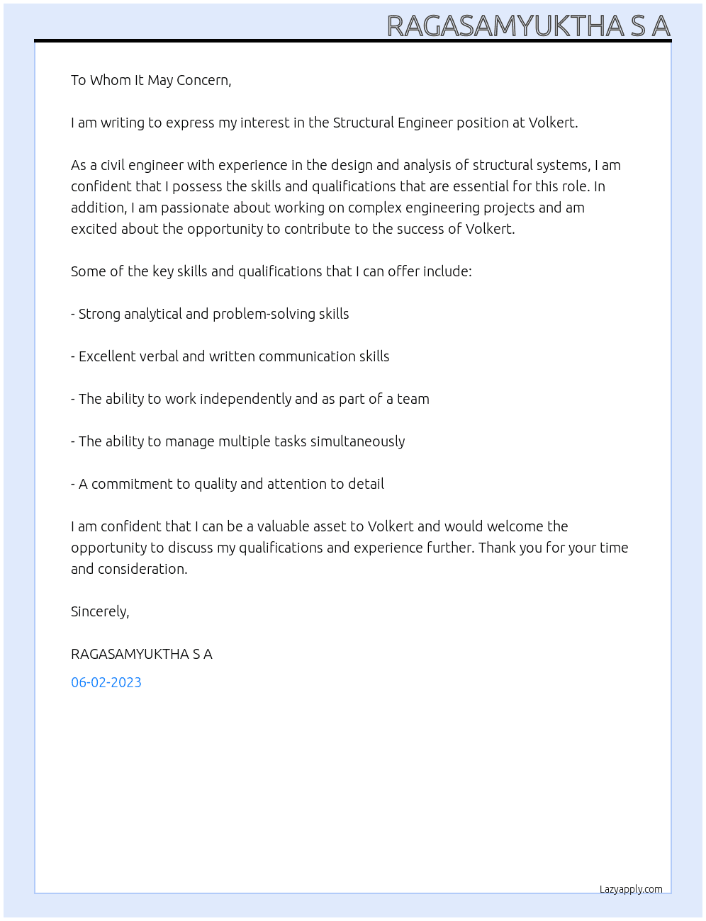 Structural Engineer At Volkert Cover Letter