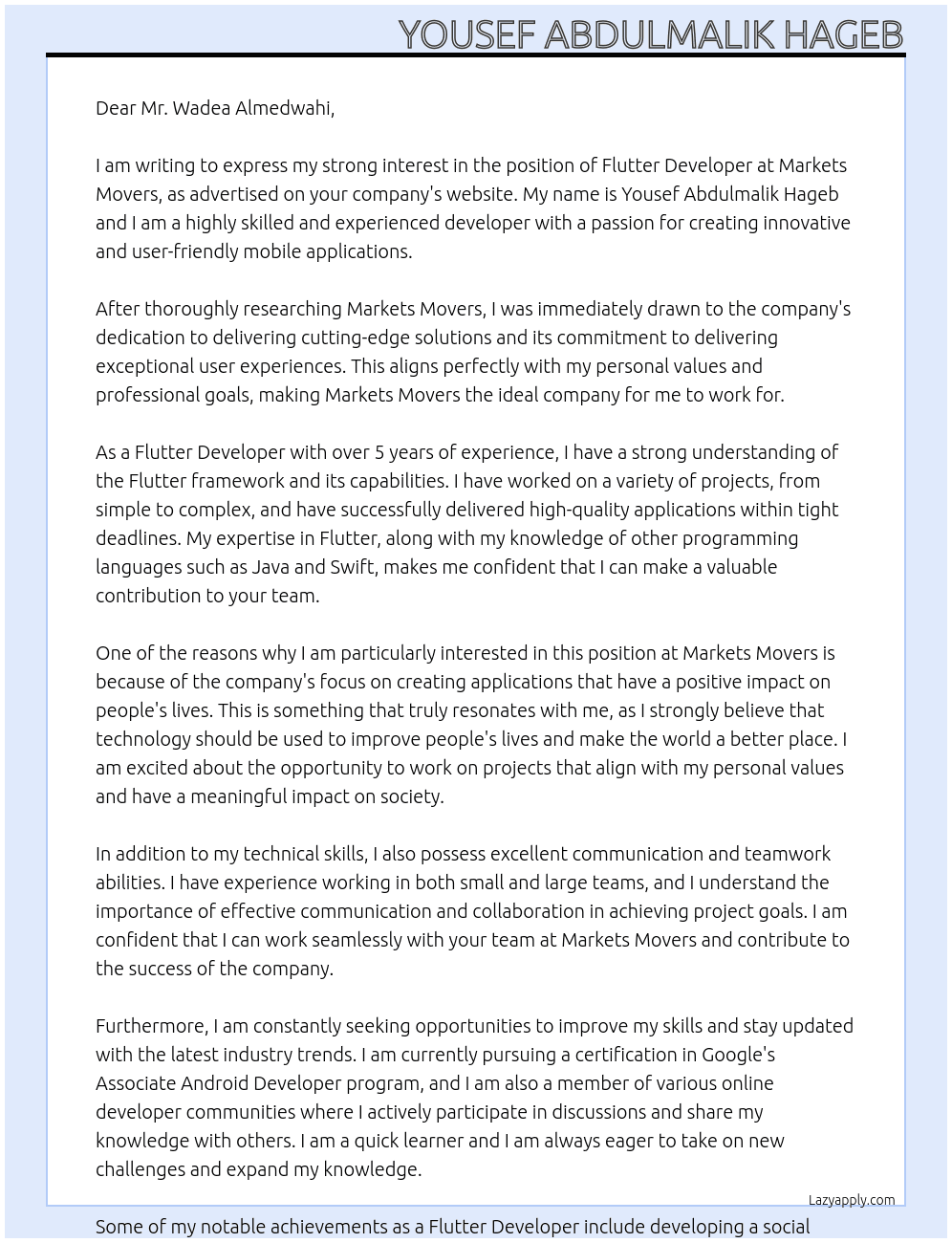 Flutter developer  At Markets Movers Cover Letter