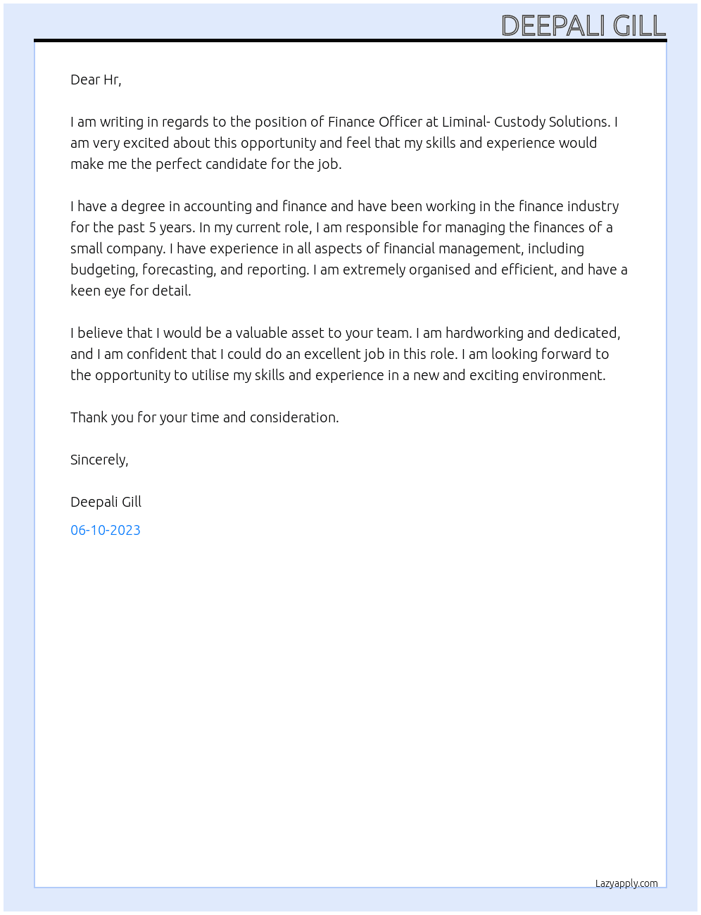 Finance Officer  At Liminal- Custody Solutions Cover Letter