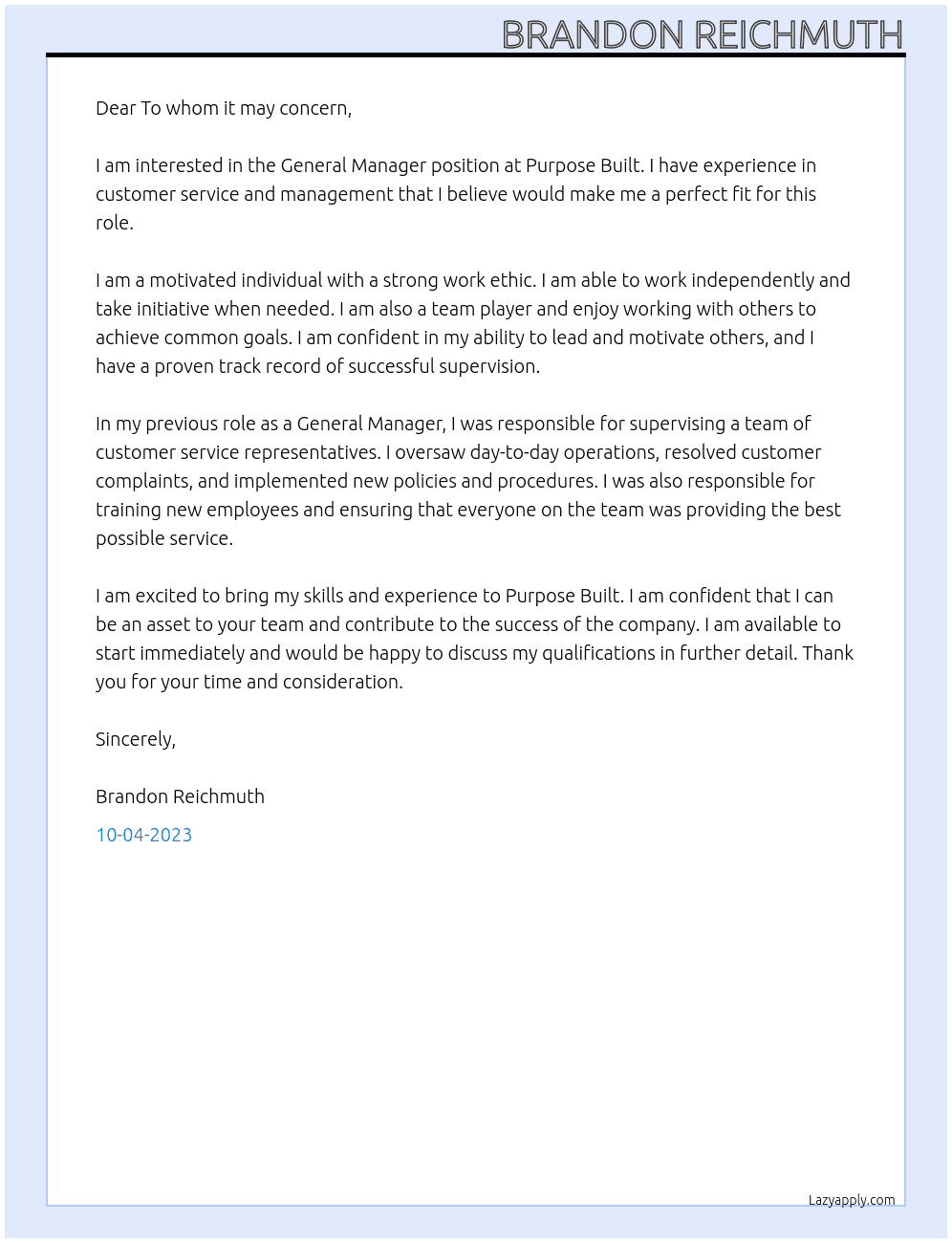 General Manager At Purpose Built Cover Letter