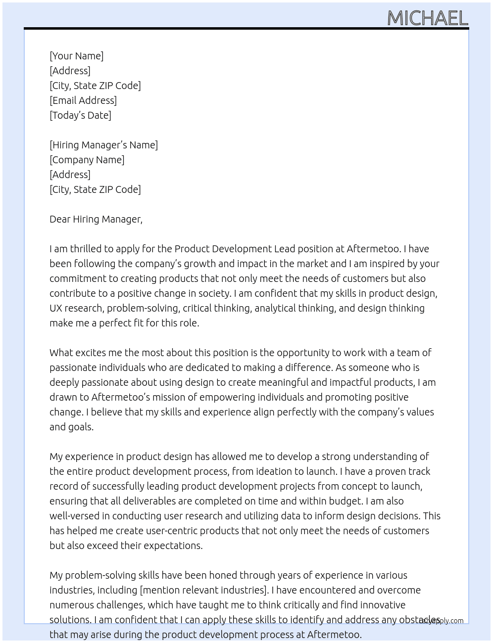 Product Development Lead At Aftermetoo Cover Letter