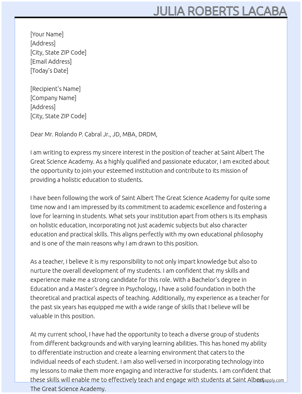 teacher At Saint Albert The Great Science Academy Cover Letter