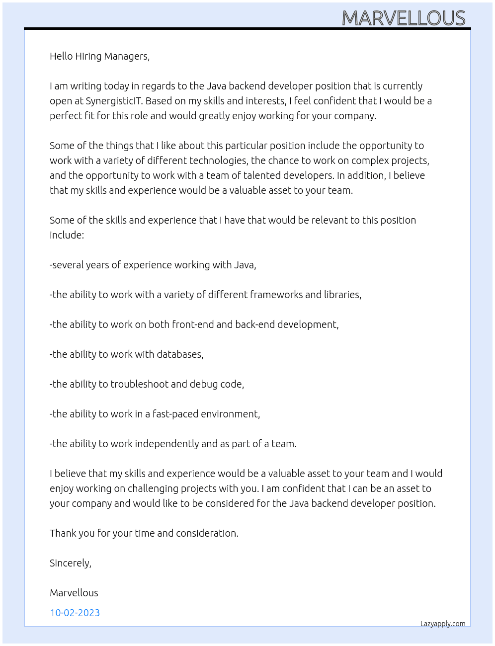 Java backend developer  At SynergisticIT Cover Letter