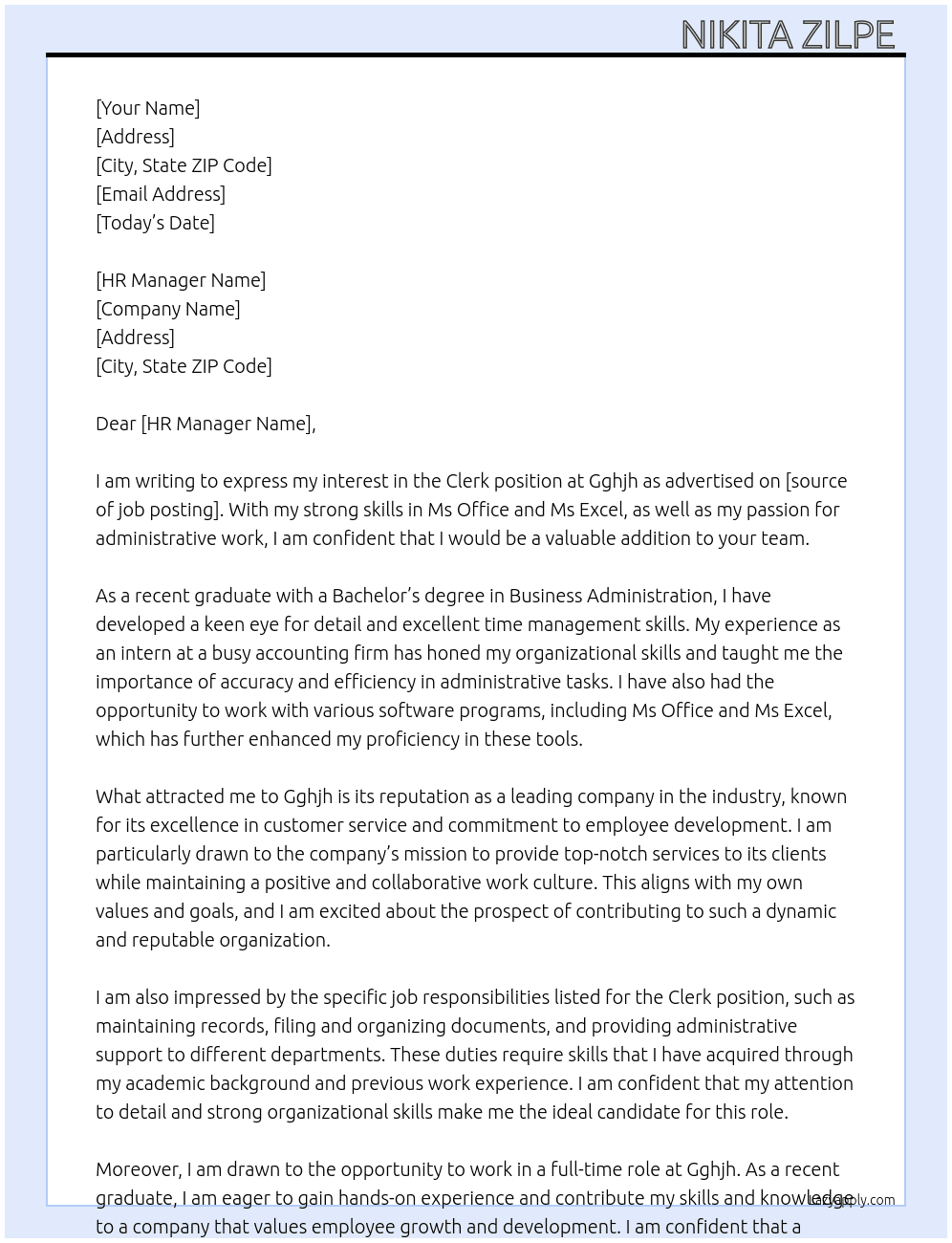 Clerk  At Gghjh Cover Letter