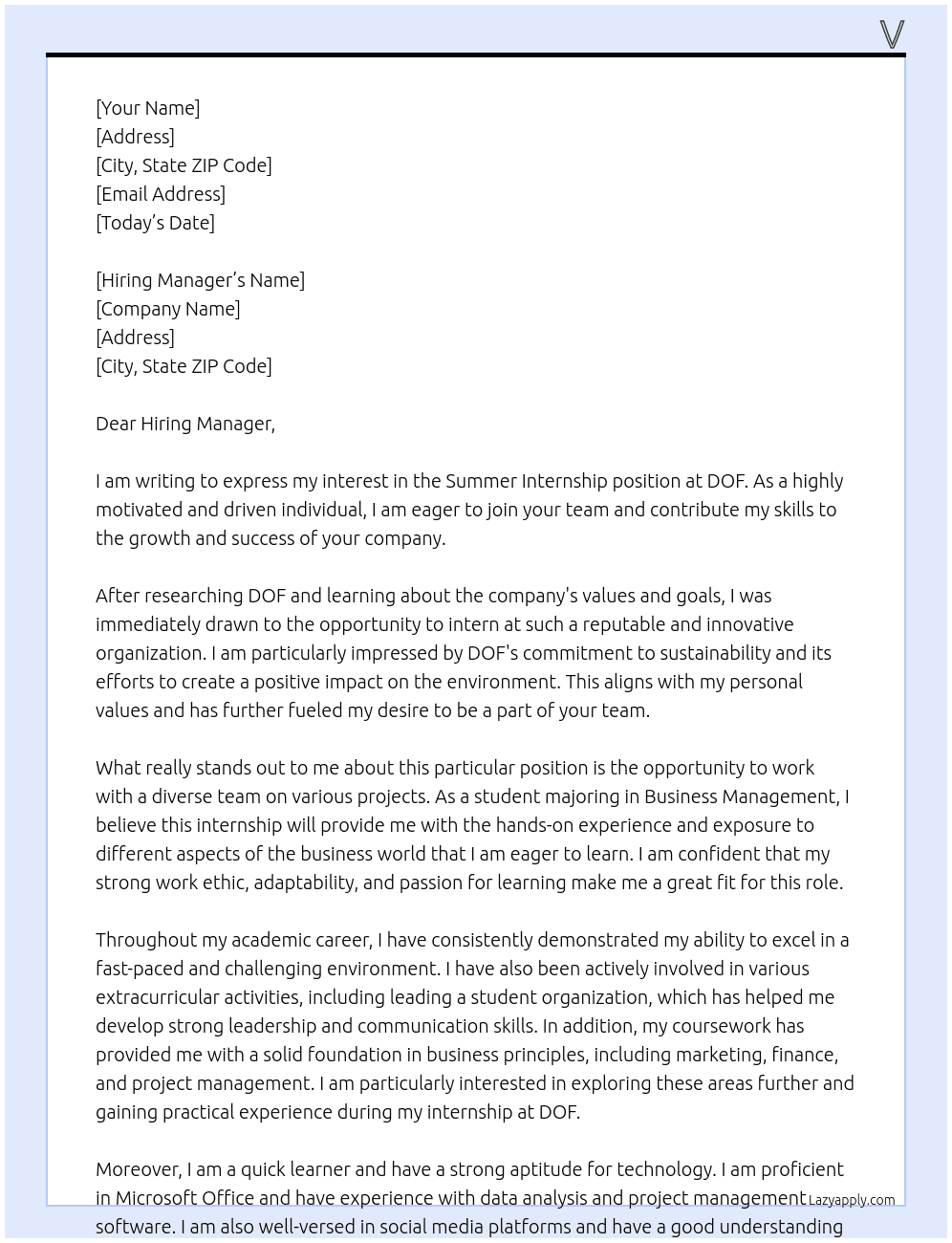 Summer internship  At DOF Cover Letter