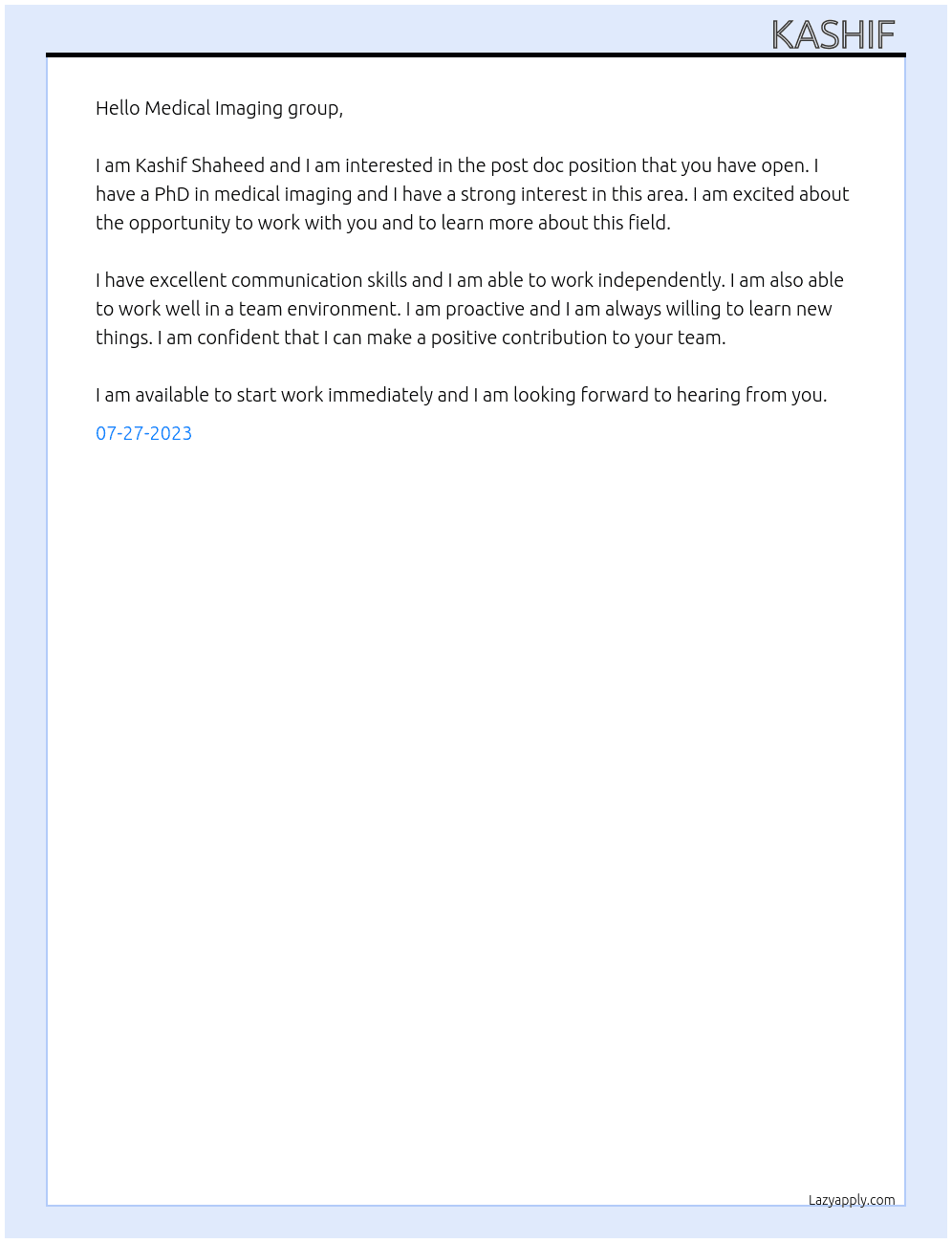 Post Doc At Medical Imaging group Cover Letter