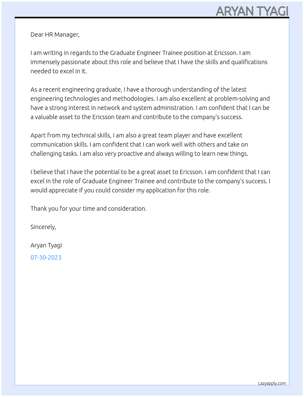 Graduate Engineer Trainee  At Ericsson  Cover Letter