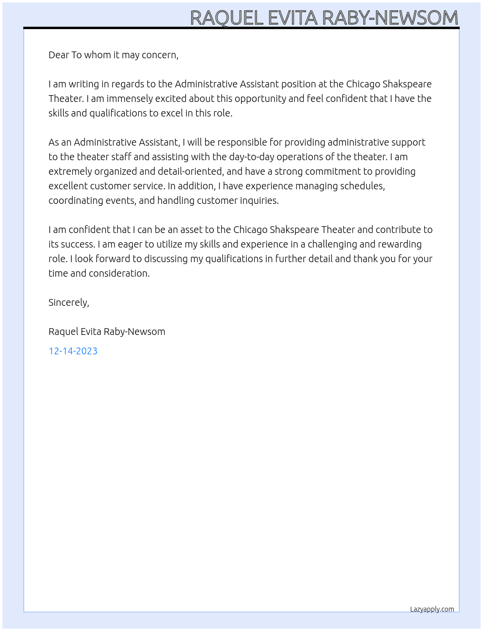 Administrative Assistant At Chicago Shakspear Theater Cover Letter