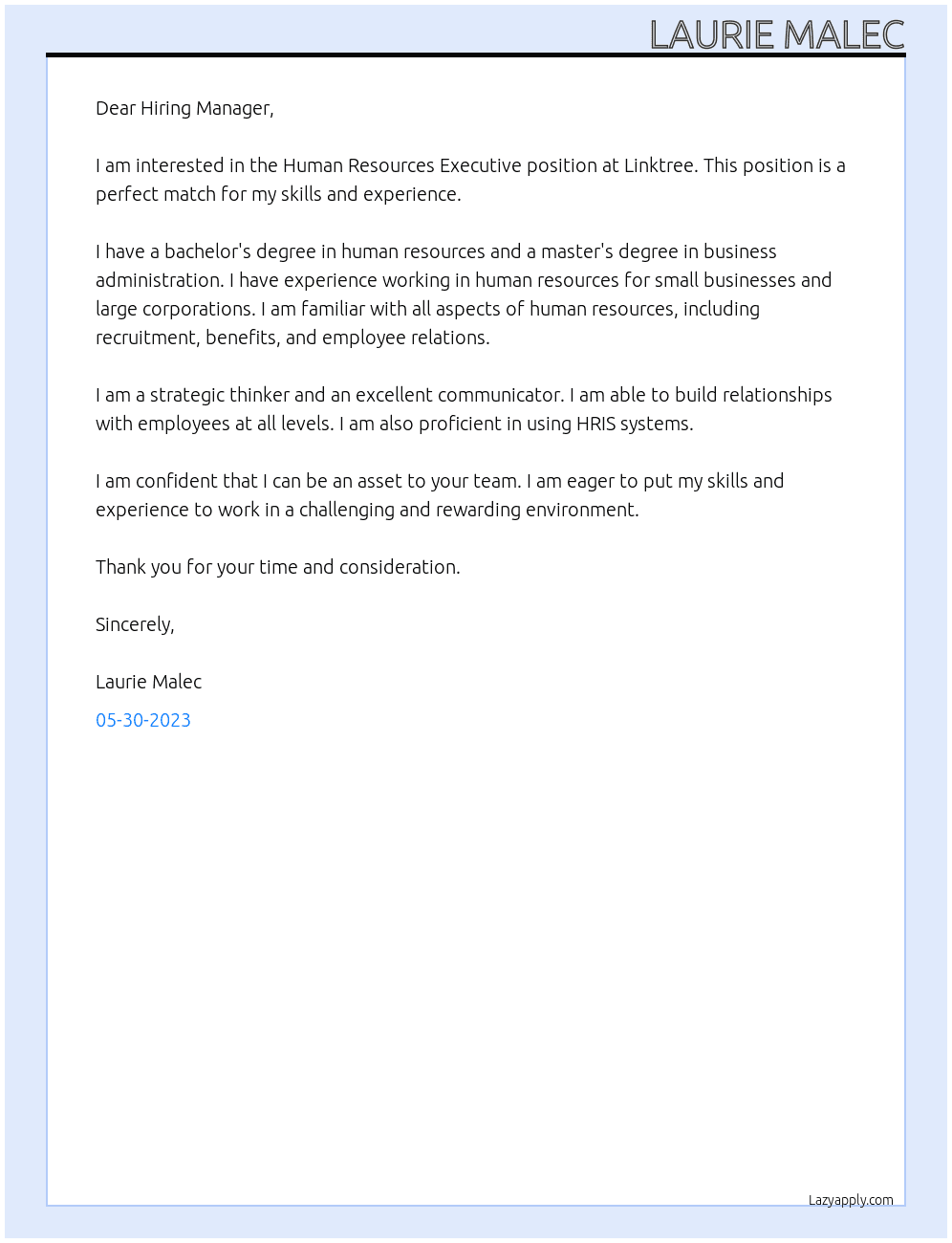 Human Resources Executive At Linktree Cover Letter