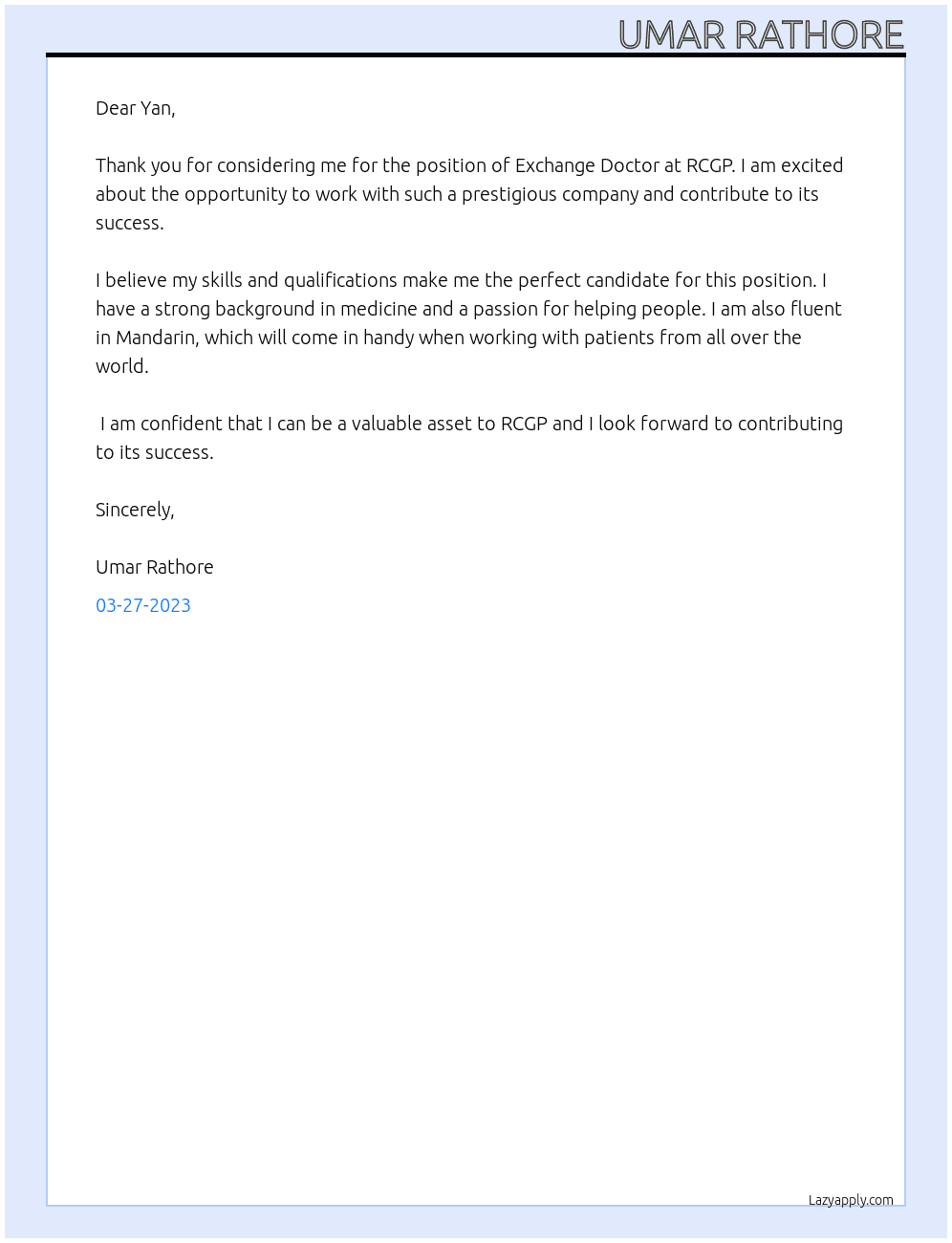 Exchange Doctor At RCGP Cover Letter