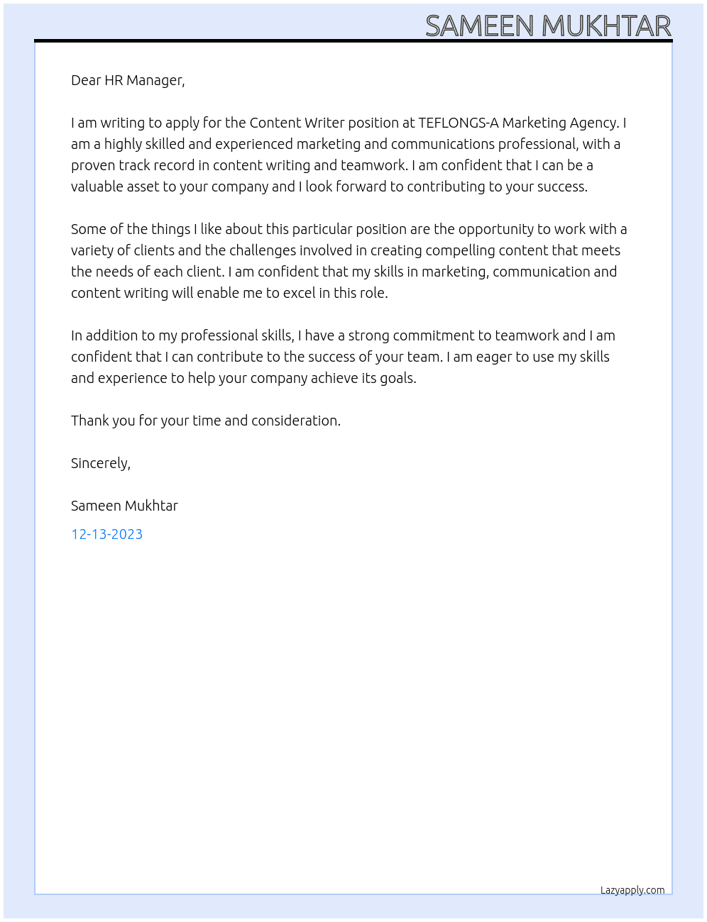 Content Writer  At TEFLONGS-A Marketing Agency Cover Letter