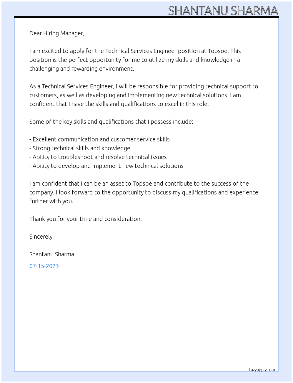 Technical services engineer At Topsoe Cover Letter