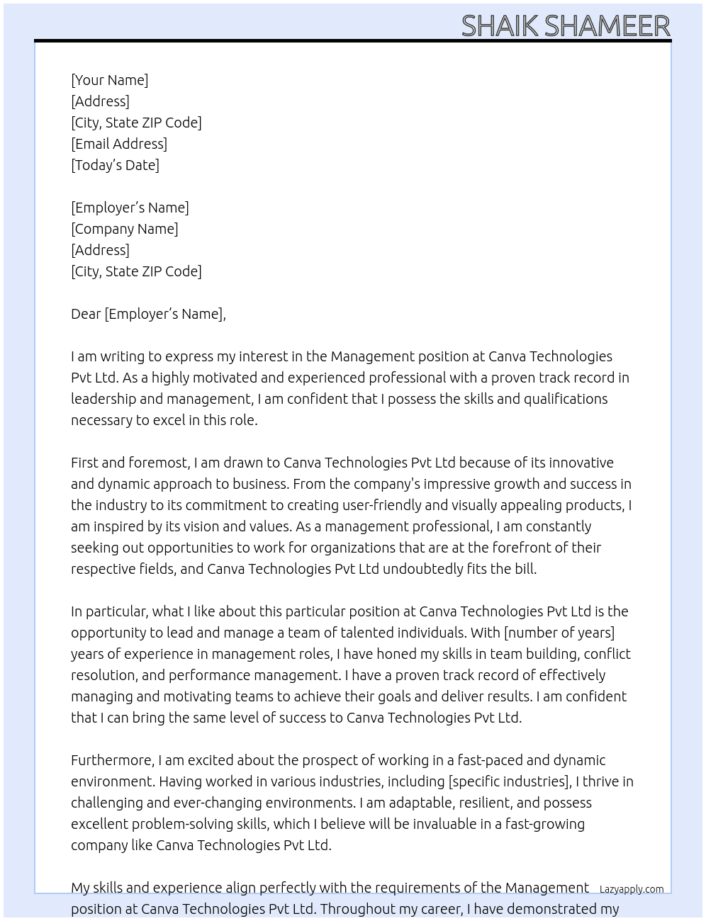 Management  At Canva technologies pvt Ltd  Cover Letter