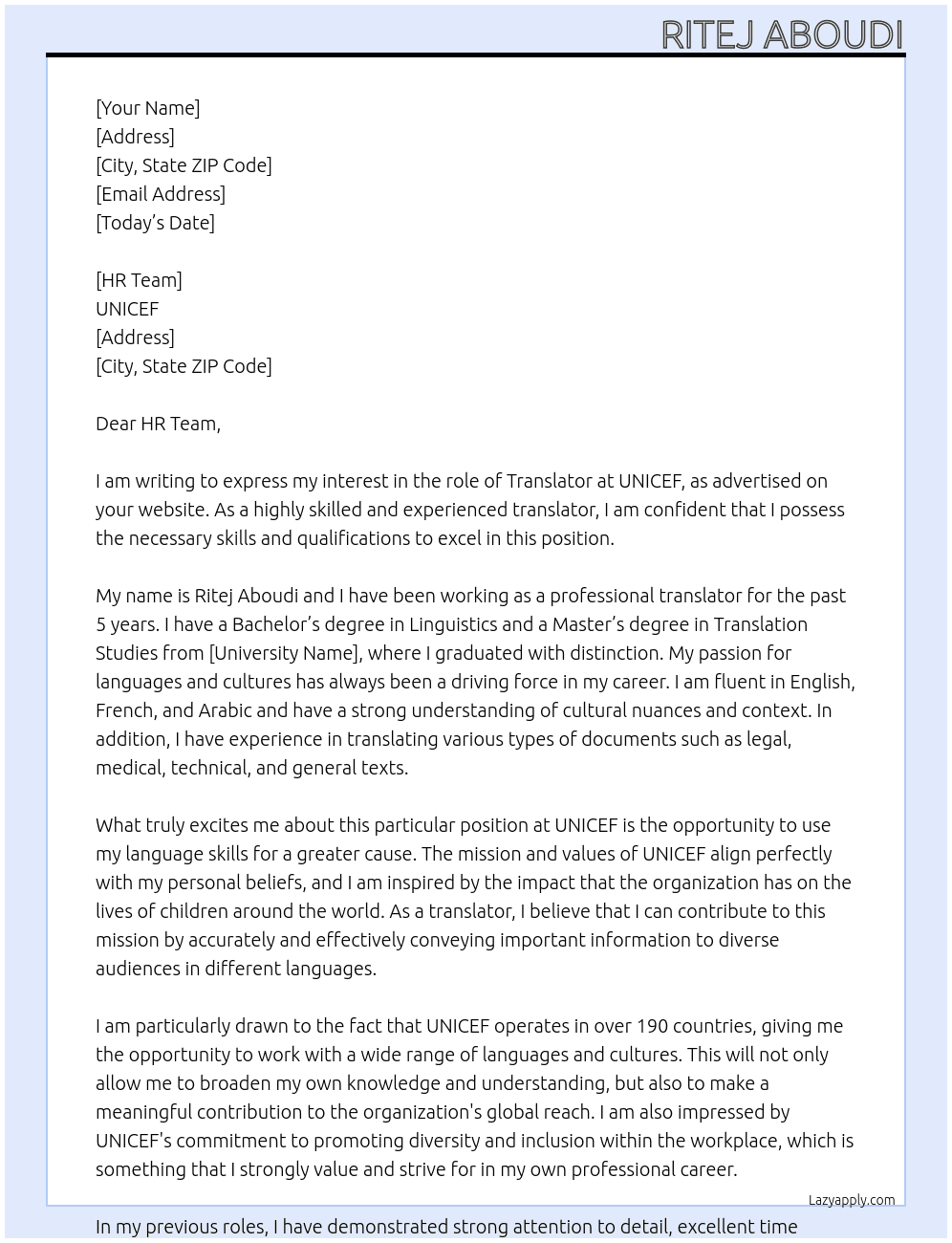translator At UNICEF Cover Letter
