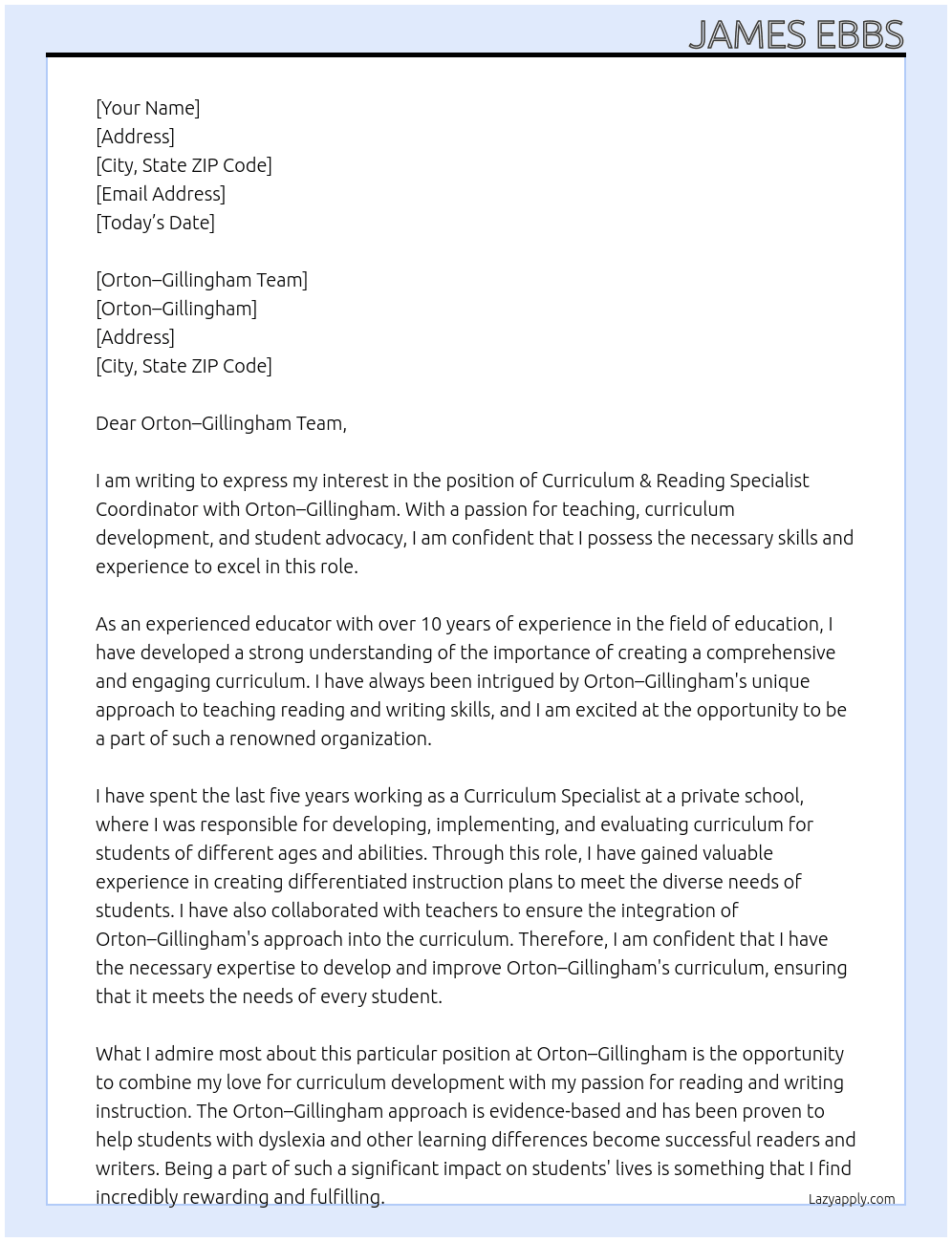 Curriculum & Reading Specialist Coordinator At Orton–Gillingham Cover Letter