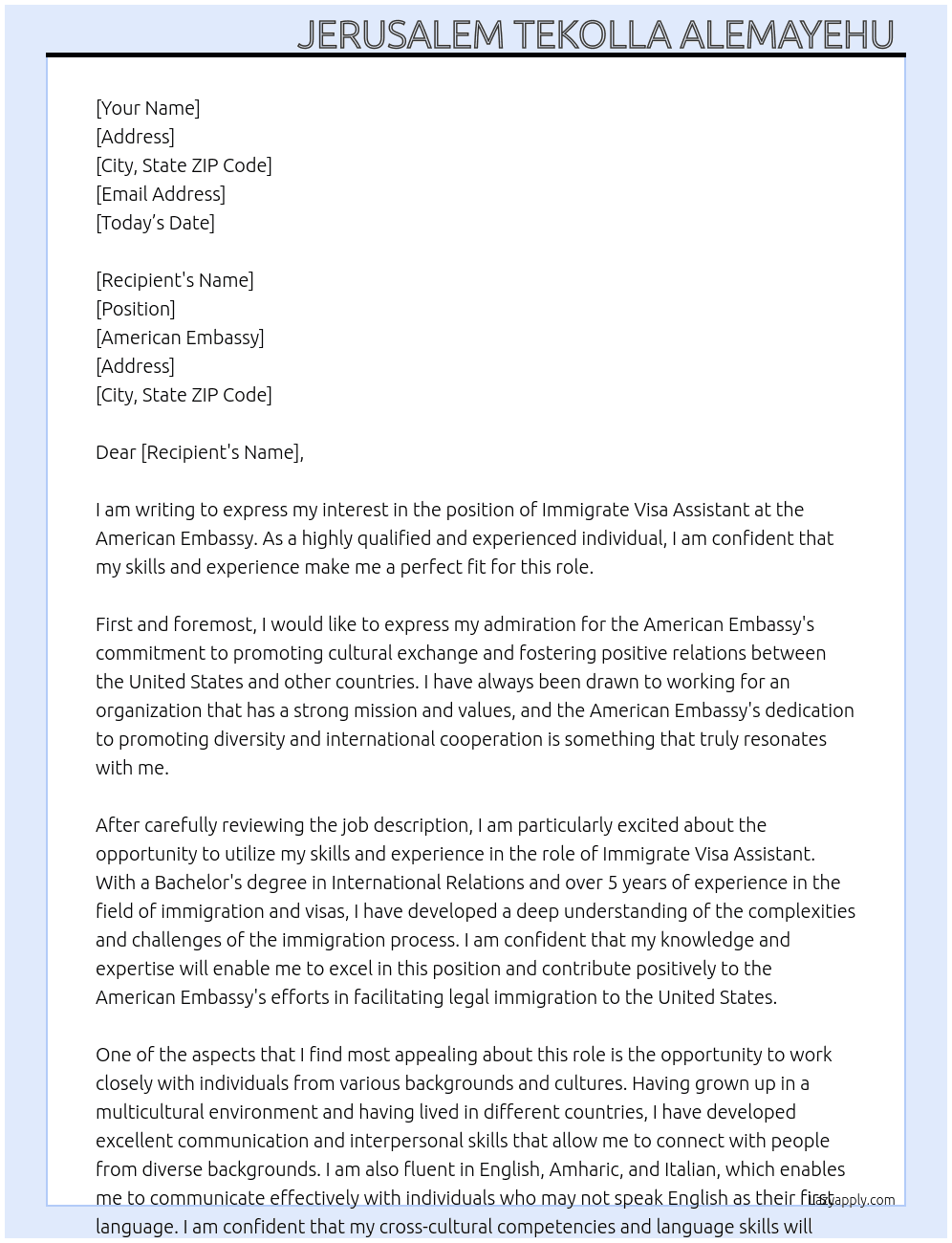 Immigrate Visa Assistant  At American Embassy  Cover Letter