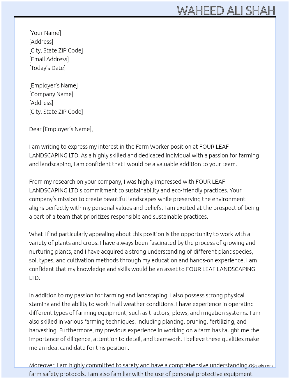 Farm Worker At FOUR LEAF LANDSCAPING LTD Cover Letter