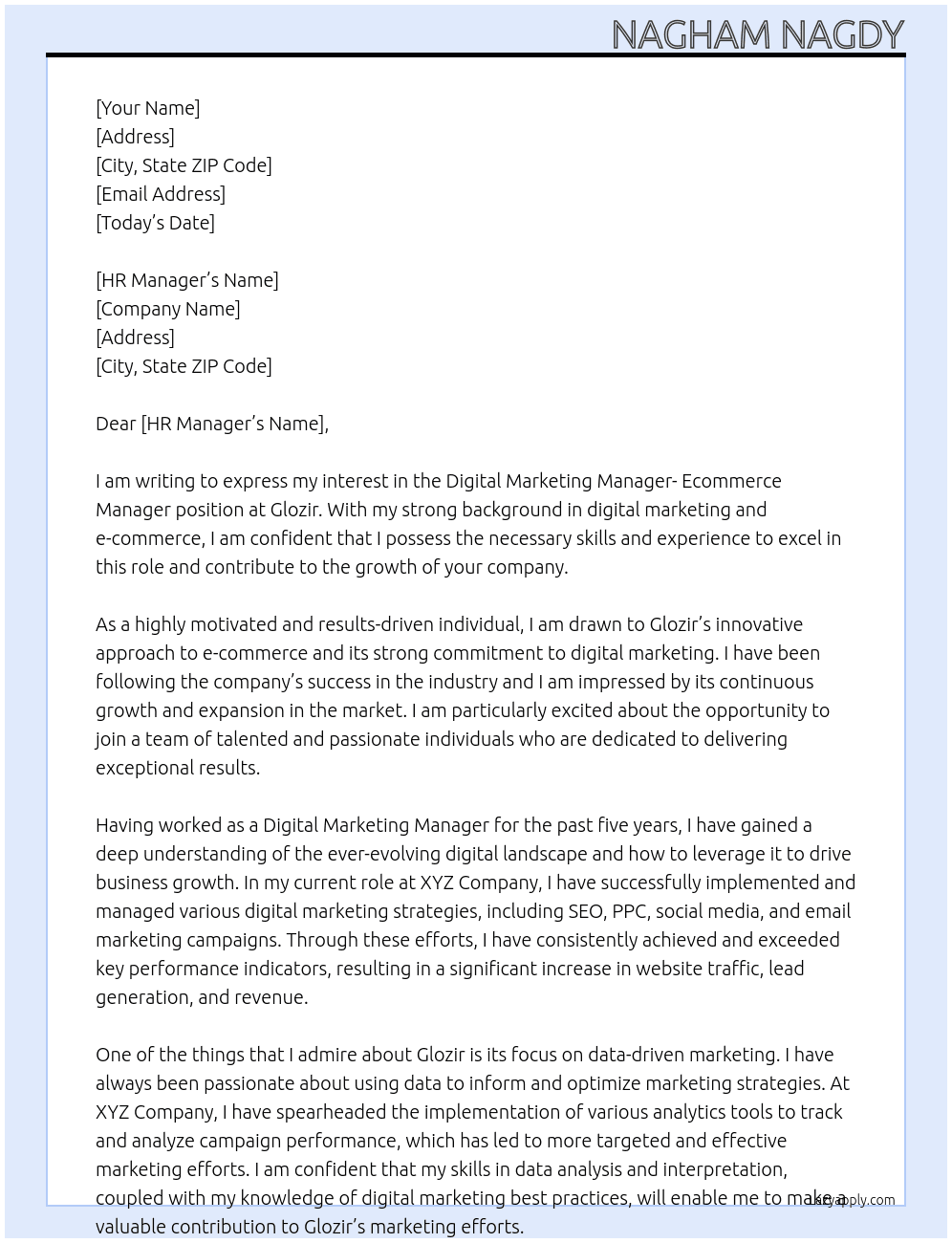Digital Marketing Manager- Ecommerce Manager At Glozir  Cover Letter