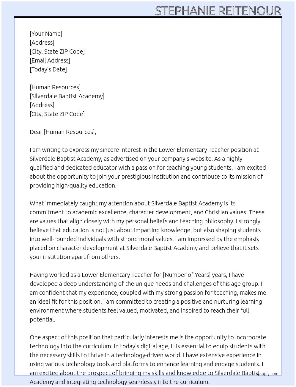 Lower Elementary Teacher At Silverdale Baptist Academy Cover Letter