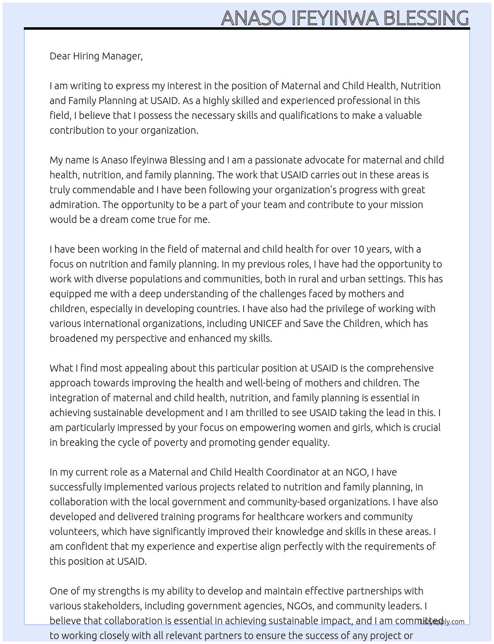 Maternal and child health, nutrition and family planning At Usaid Cover Letter
