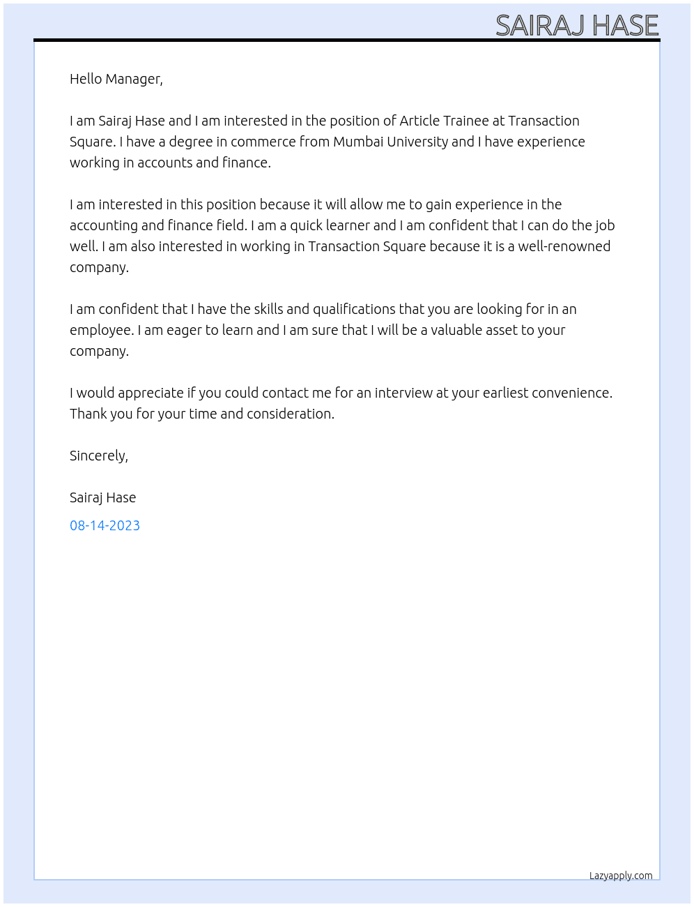 Article Trainee At Transaction Square Cover Letter